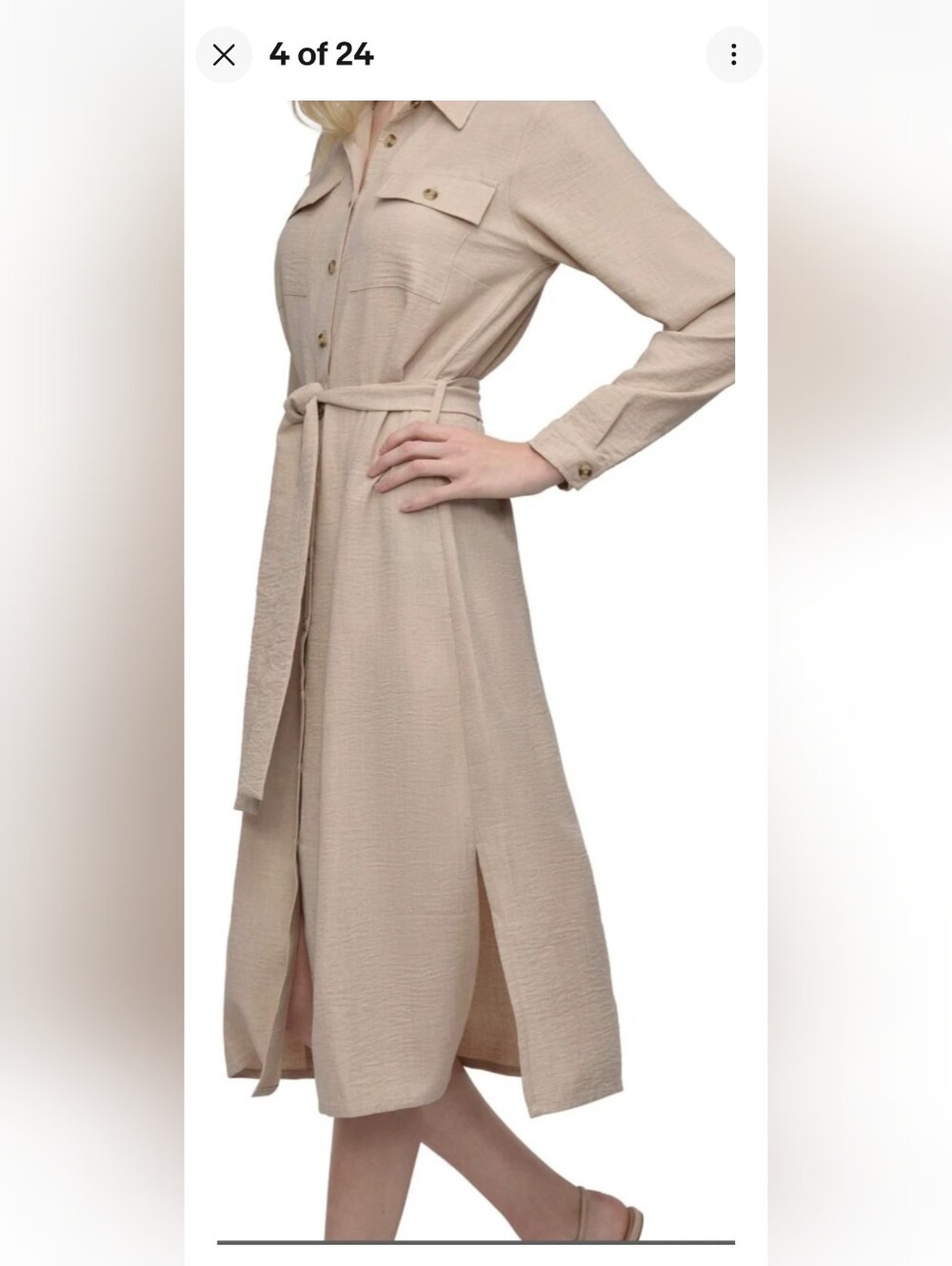 DKNY Beige Long-Sleeve Belted Midi Shirt Dress